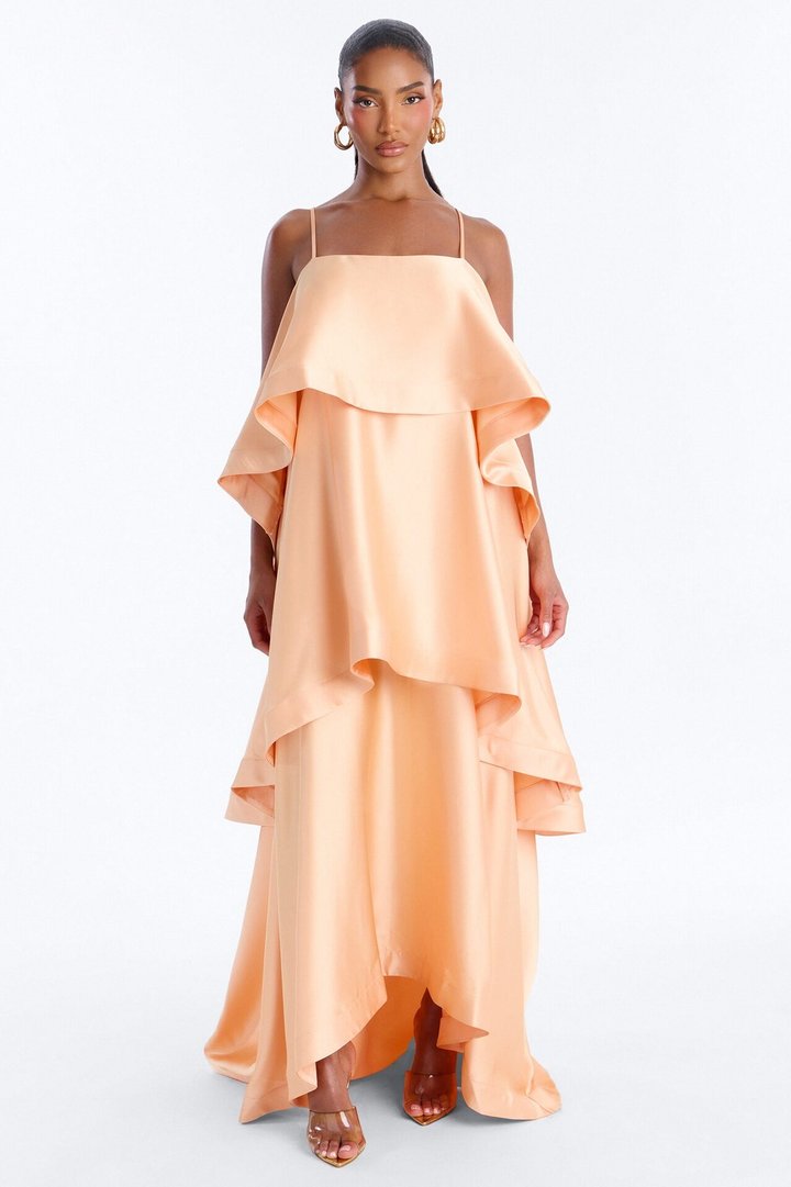Rowen Tiered Satin Gown - Peach
