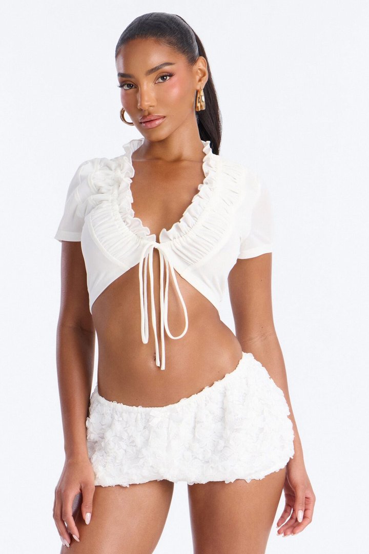 Camille Low Rise Rosette Bubble Hem Micro Short - Ivory