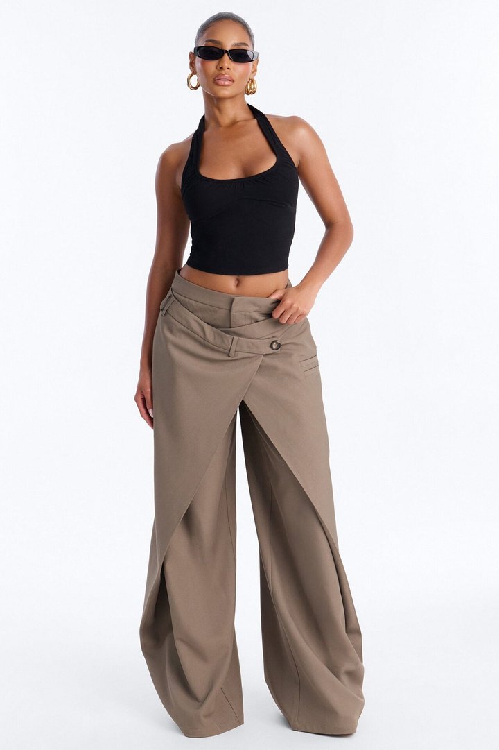 Seeing Double Wide Leg Wrap Front Trouser - Caffe
