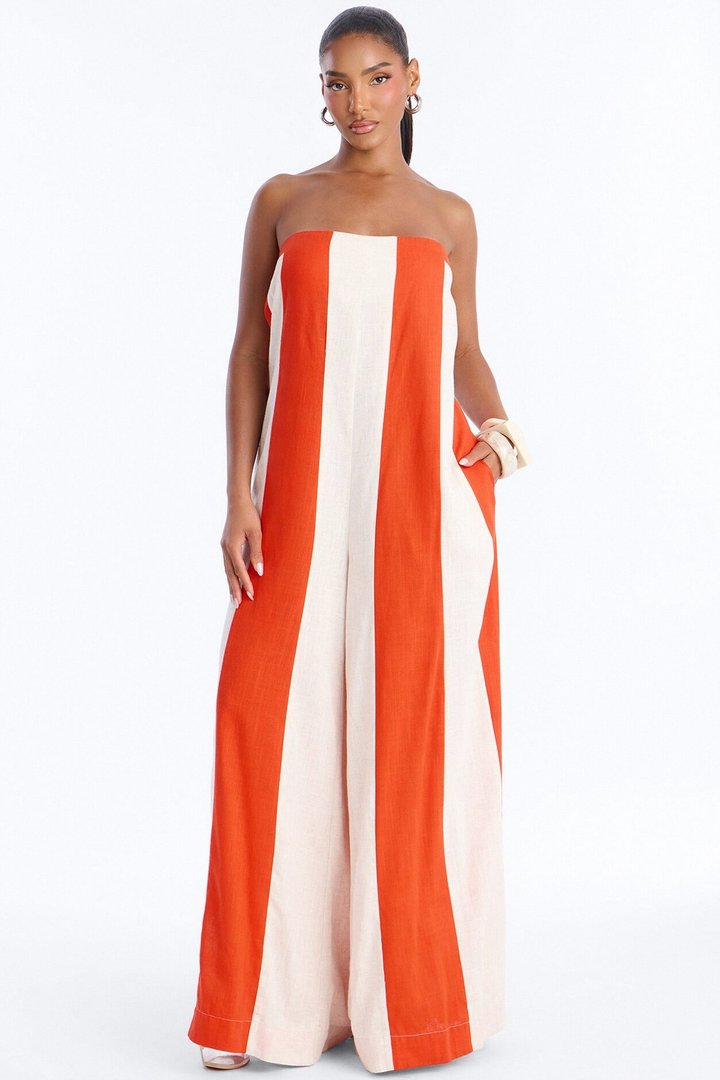 Michelle Striped Strapless Linen Jumpsuit - Orange