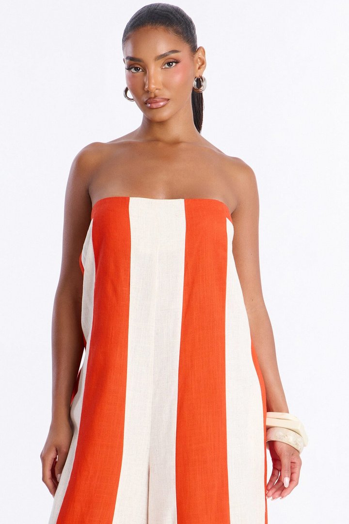 Michelle Striped Strapless Linen Jumpsuit - Orange