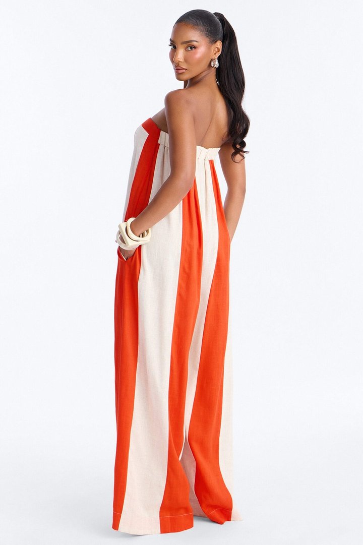 Michelle Striped Strapless Linen Jumpsuit - Orange