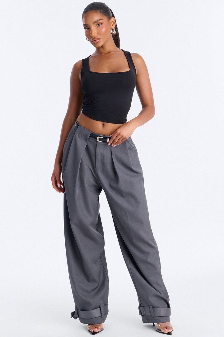 Anjelica Cuffed Wide Leg Belted Trouser - Charcoal