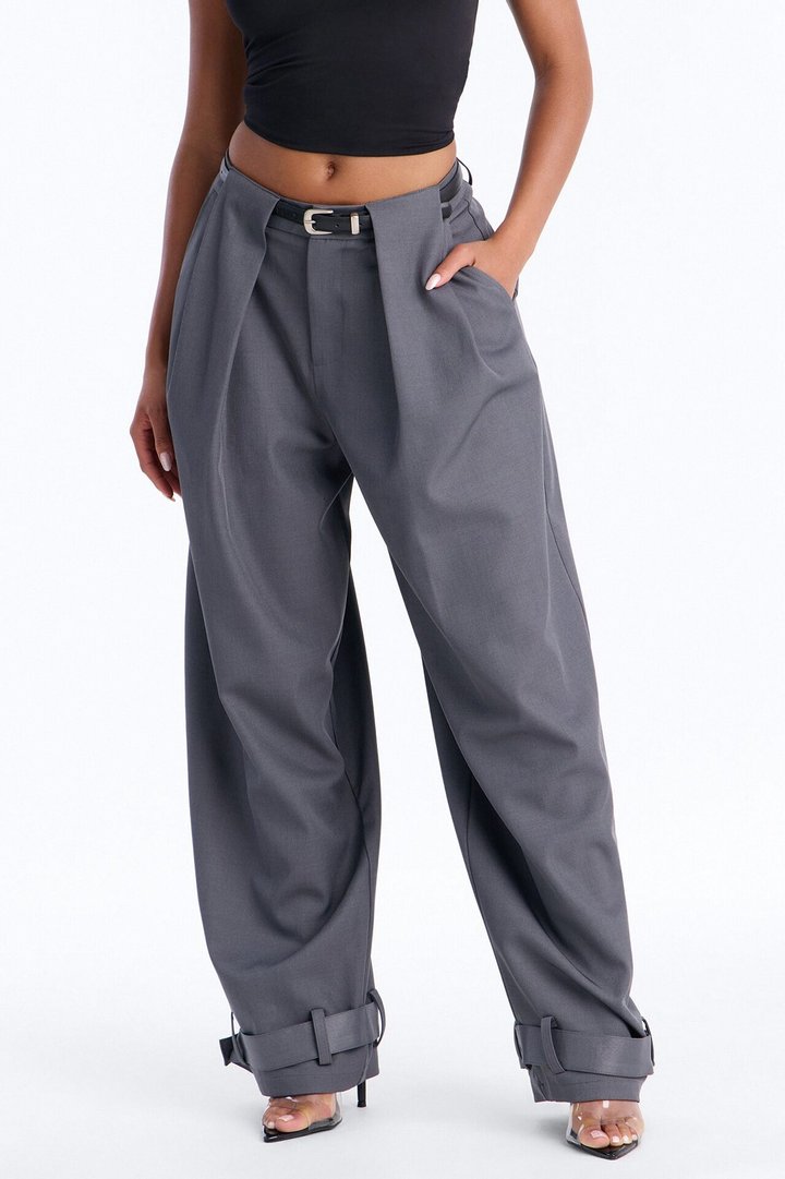 Anjelica Cuffed Wide Leg Belted Trouser - Charcoal