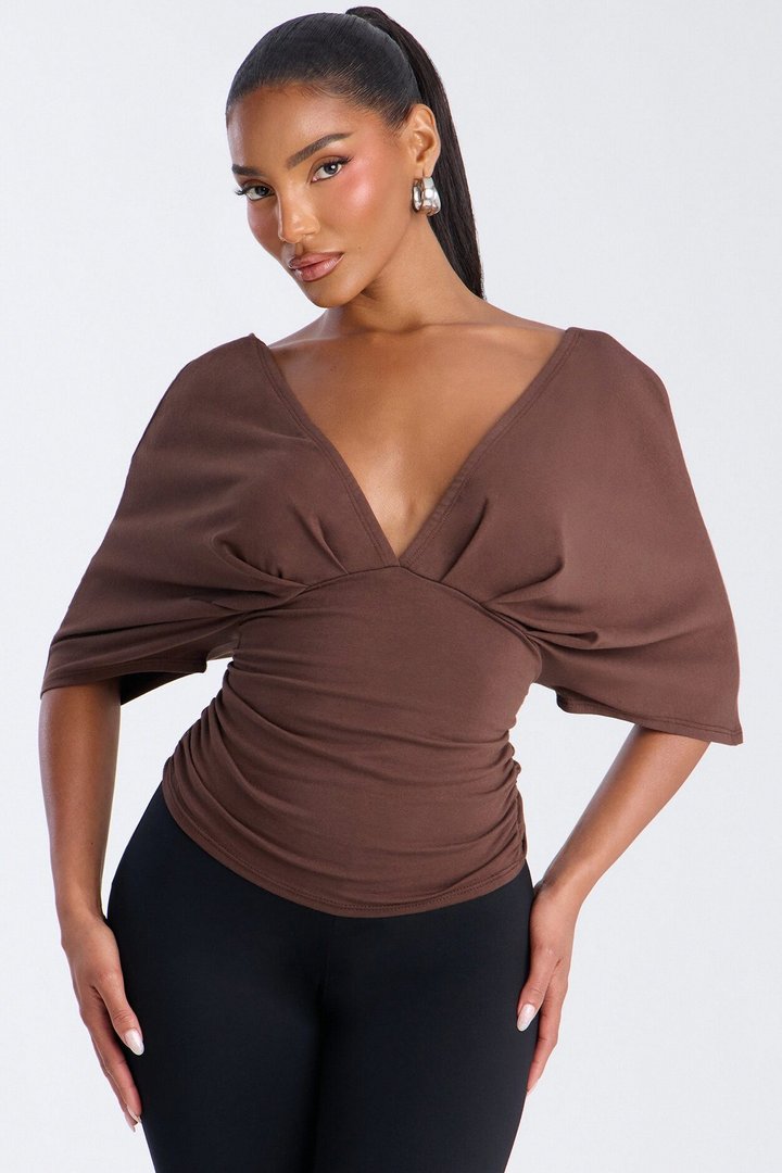 Taylor Cinched Waist Ruched Short Sleeve Top - Brown