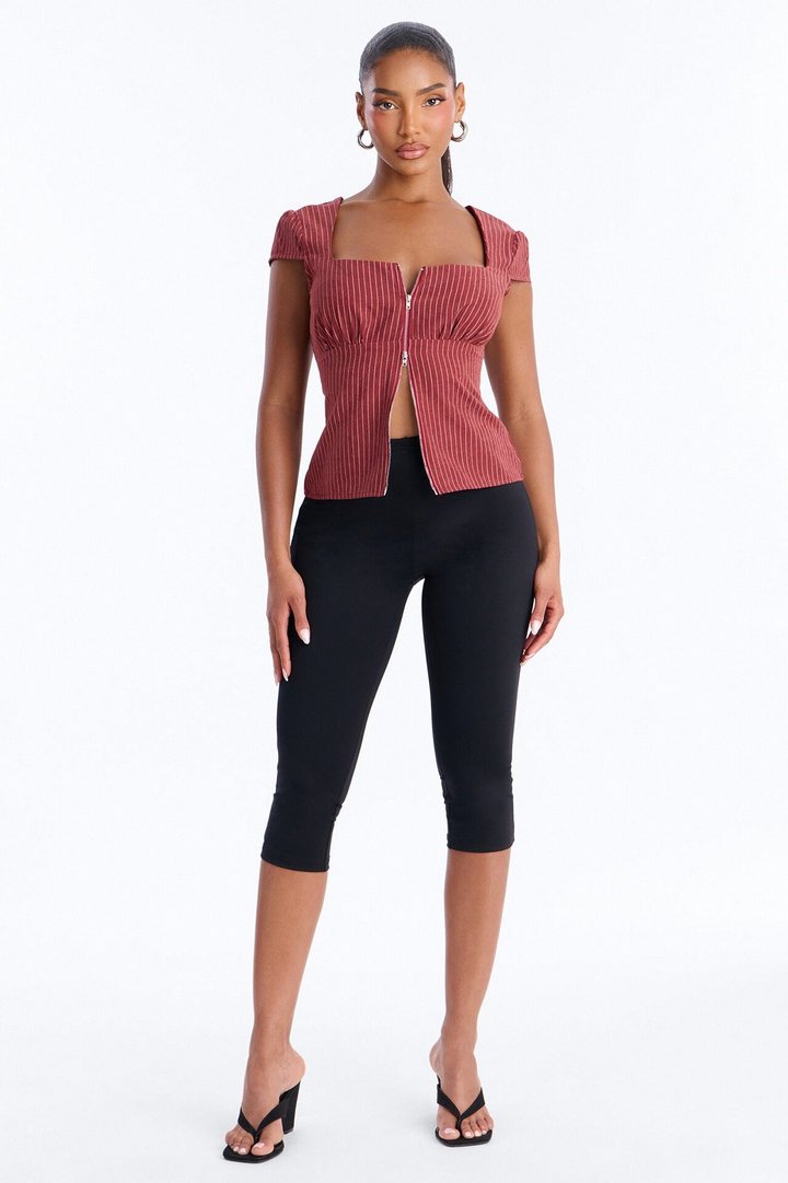 Candace Pinstripe Zipper Short Sleeve Top - Burgundy/combo