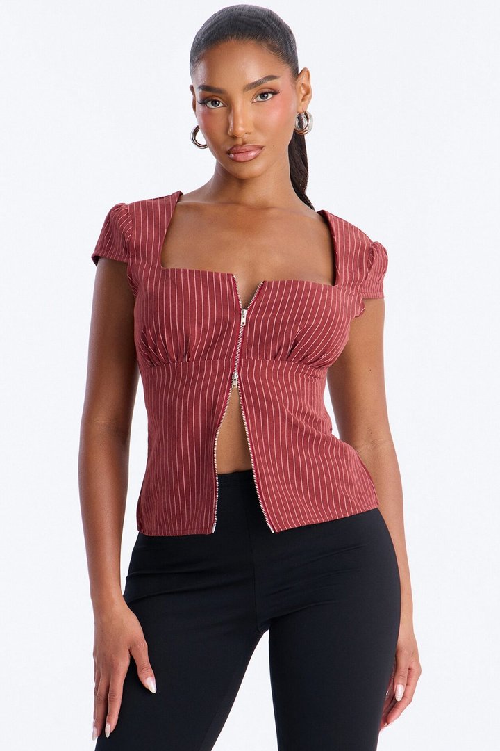 Candace Pinstripe Zipper Short Sleeve Top - Burgundy/combo