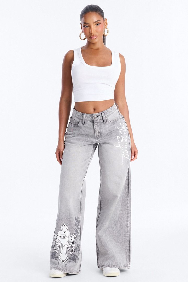 Ed Hardy Rose Cross Wide Leg Jeans - Grey