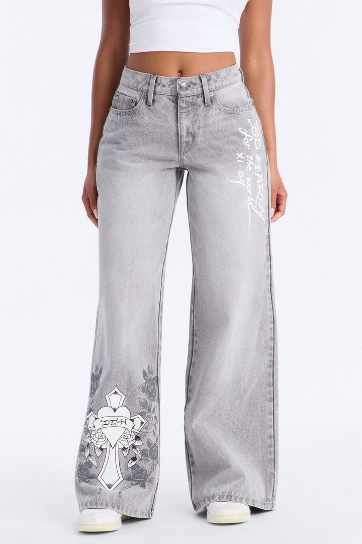 Ed Hardy Rose Cross Wide Leg Jeans - Grey