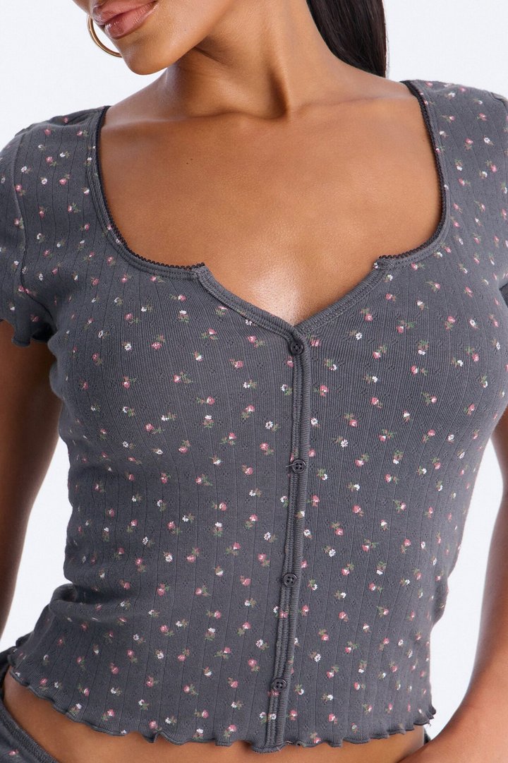 Jamie Floral Foldover Micro Short Set - Charcoal