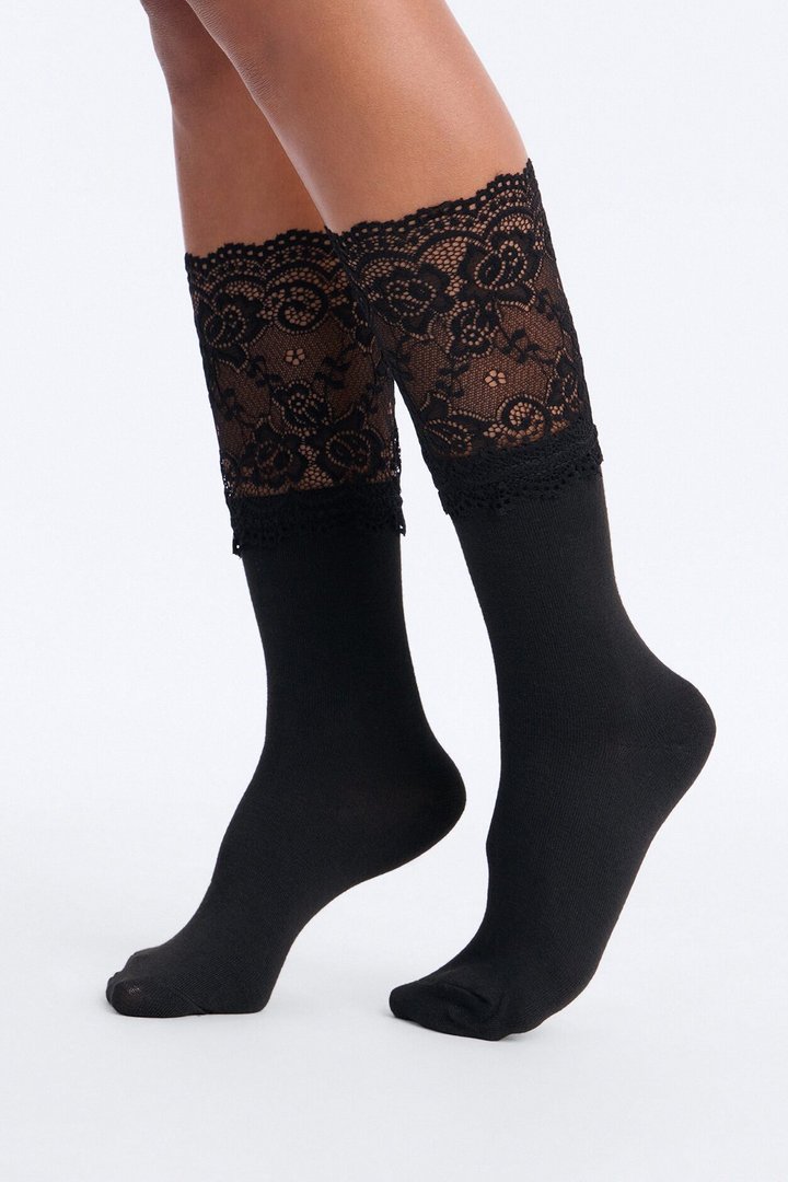 Lace Icon Knee High Socks - Black