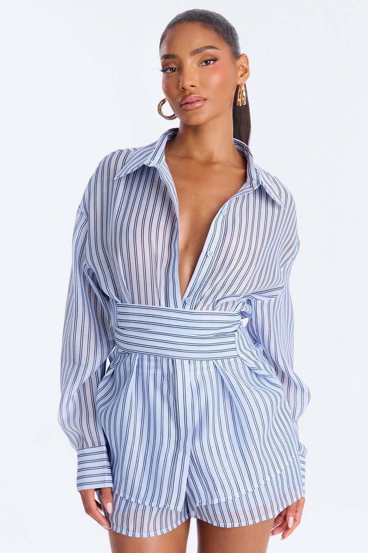 Maddie Belted Chiffon Short Set - Blue