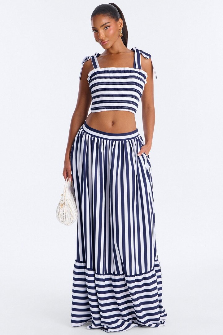 Marisol Stripe Maxi Skirt Set - Navy/combo