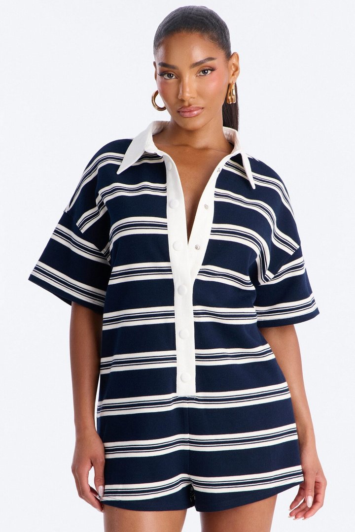 Kyla Striped Short Sleeve Polo Romper - Navy