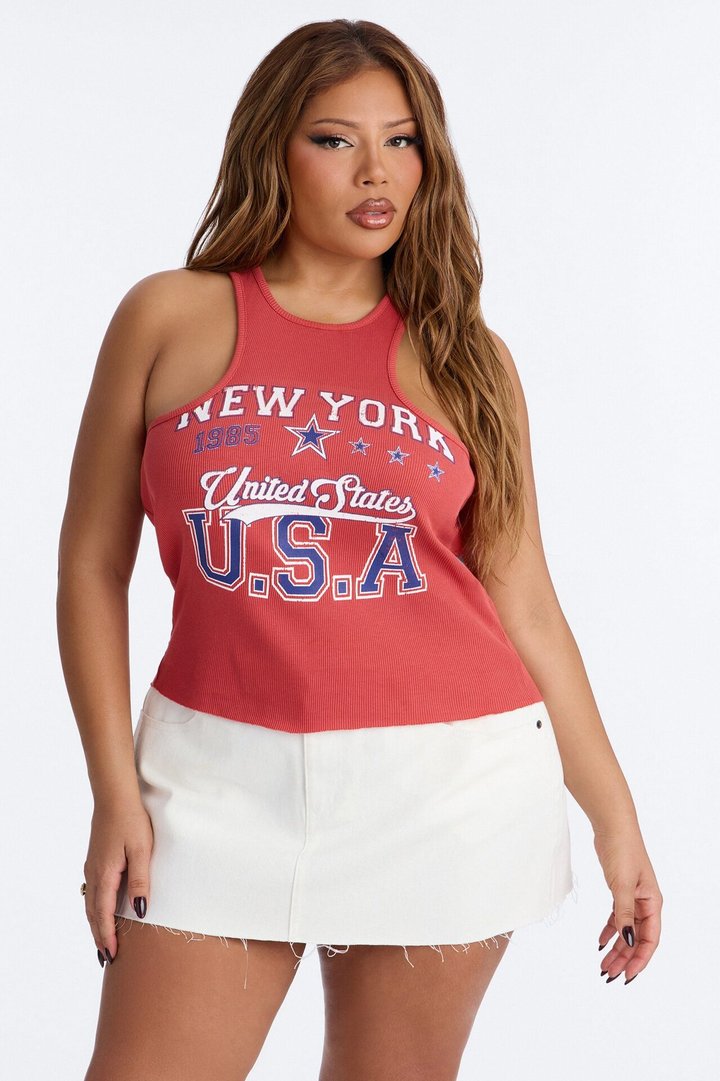 USA High Neck Cropped Tank Top - Red