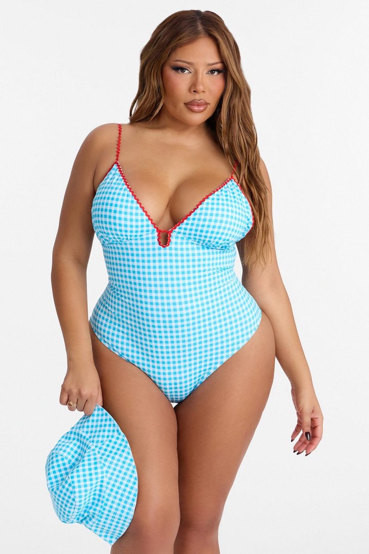 Shady Summer 1 Piece Gingham Swimsuit & Bucket Hat Set - Blue/combo