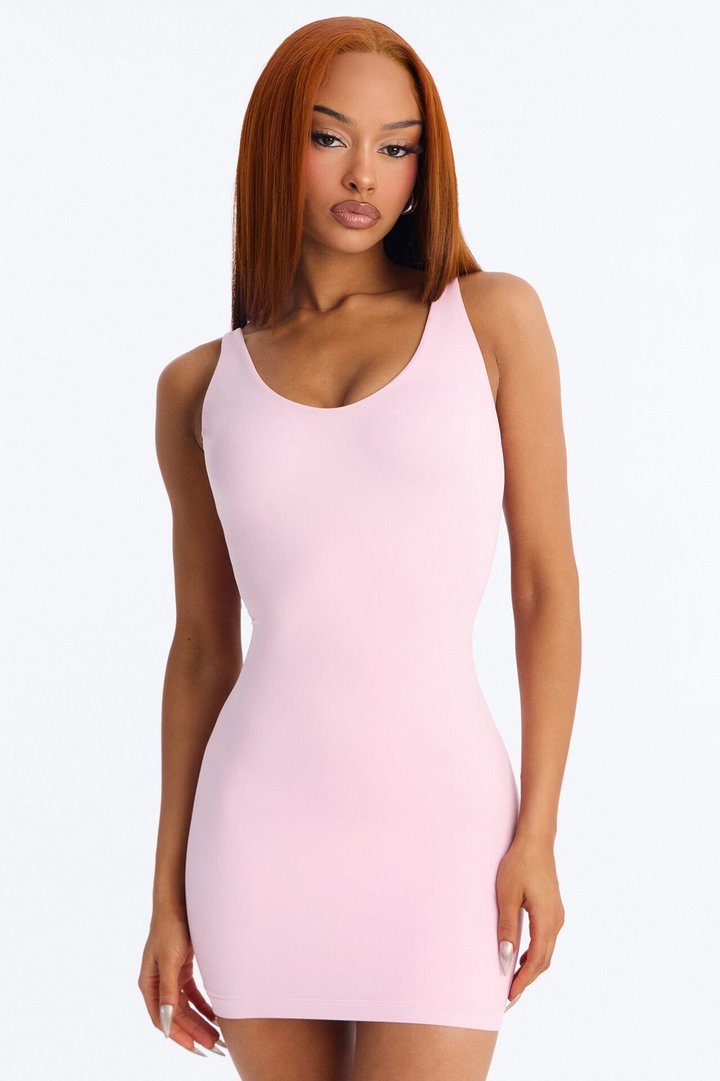 Seamless Smooth Double Lined Scoop Neck Mini Dress - Light Pink