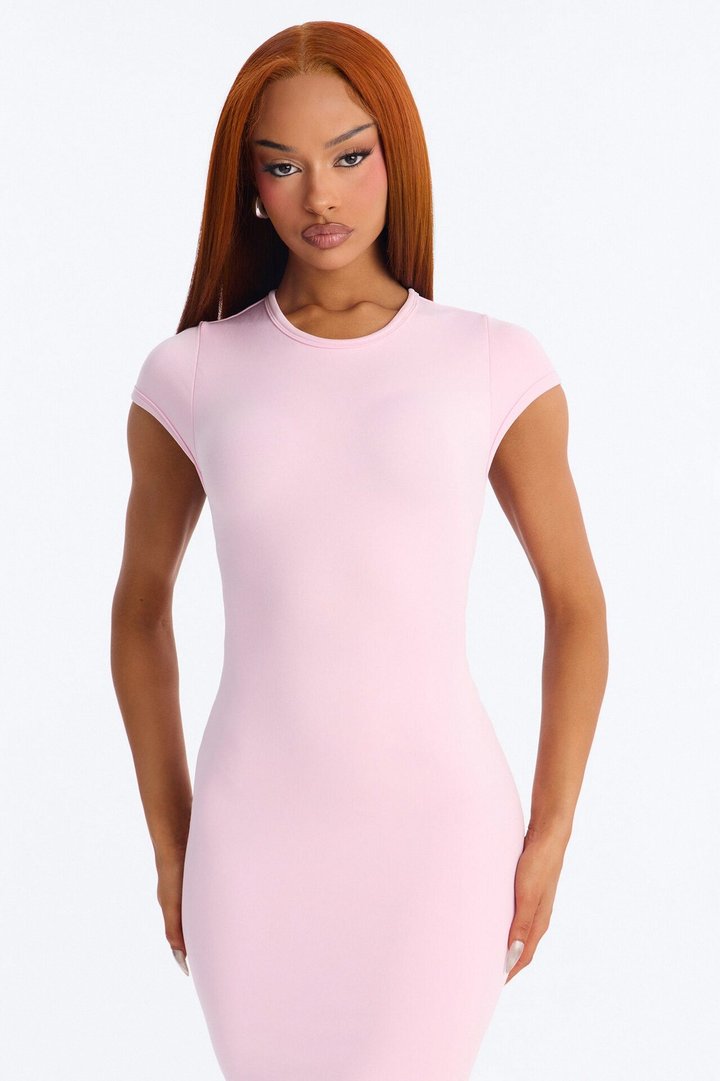 Seamless Smooth Double Lined Cap Sleeve Maxi Dress - Light Pink