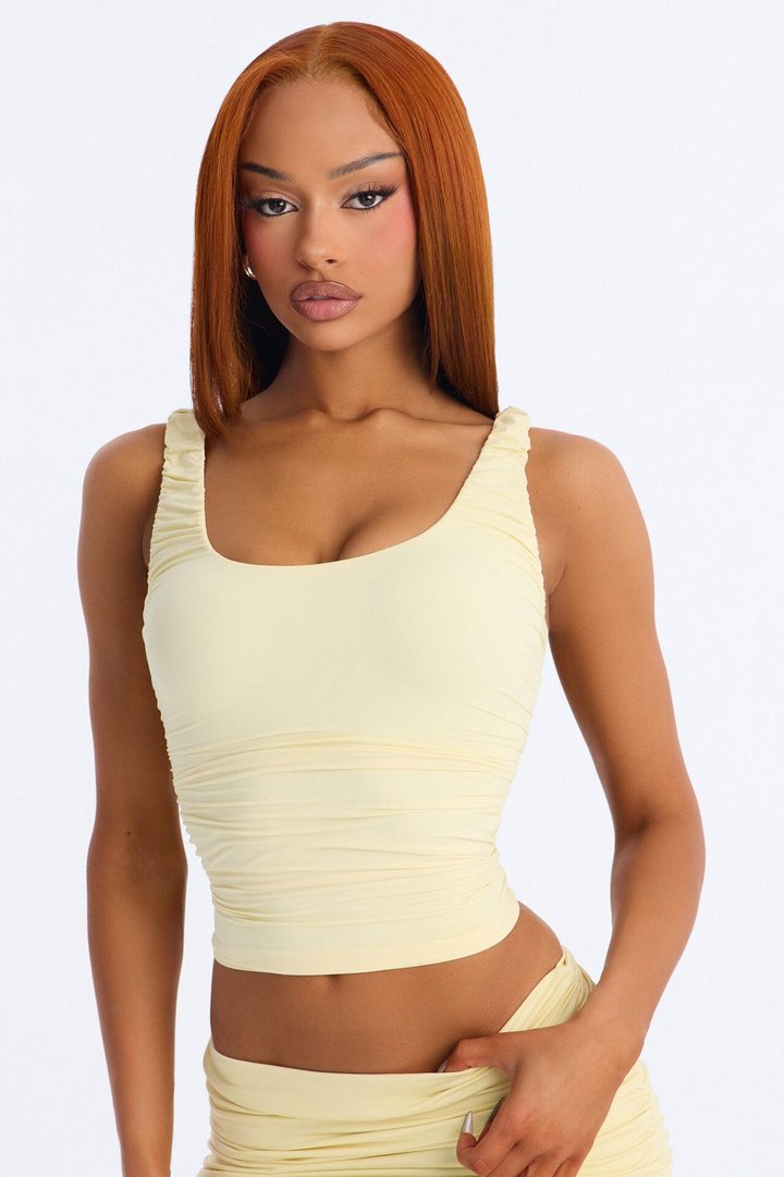 Second Skin Double Lined Scoop Neck Ruched Sleeveless Top - Butter Yellow