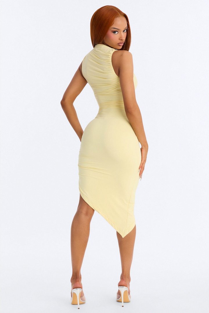 Second Skin Double Lined Ruched Slit Midi Dress - Butter Yellow