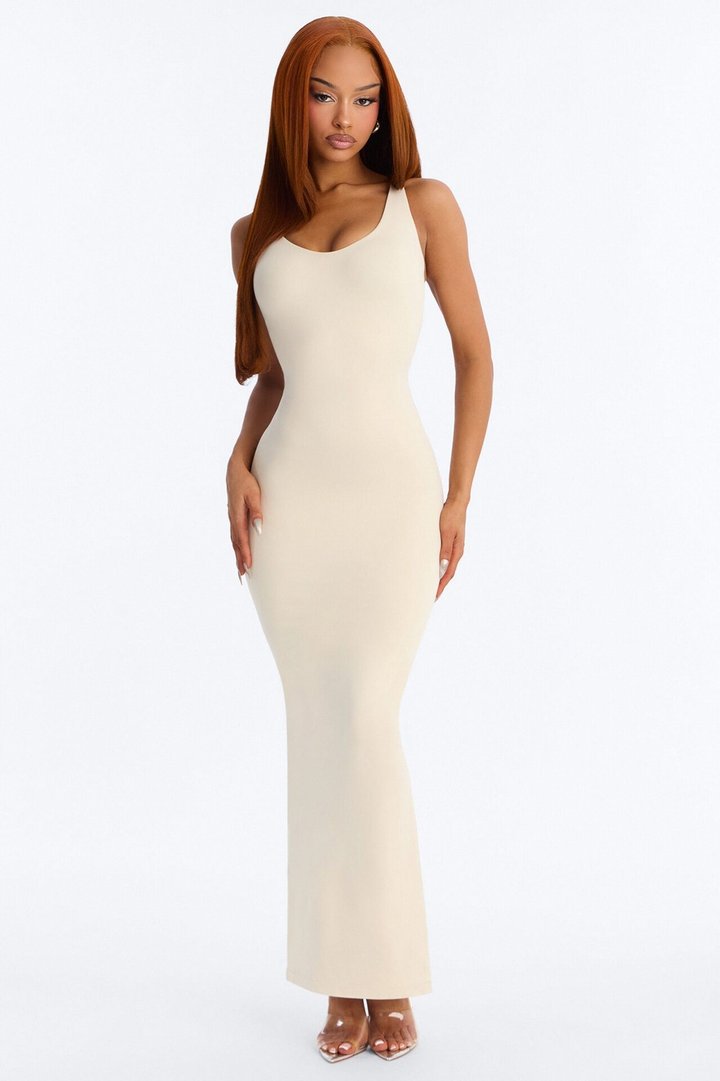 Seamless Smooth Double Lined Scoop Neck Maxi Dress - Bone