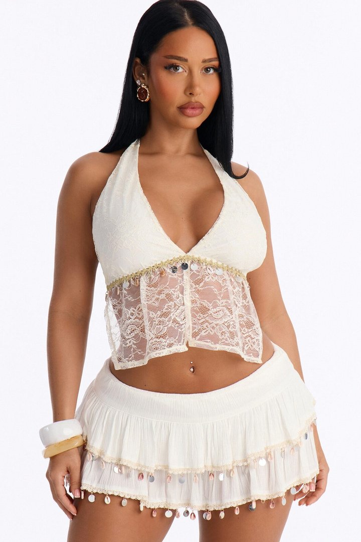 Hermosa Beach Ebmellished Lace Halter Top - Ivory