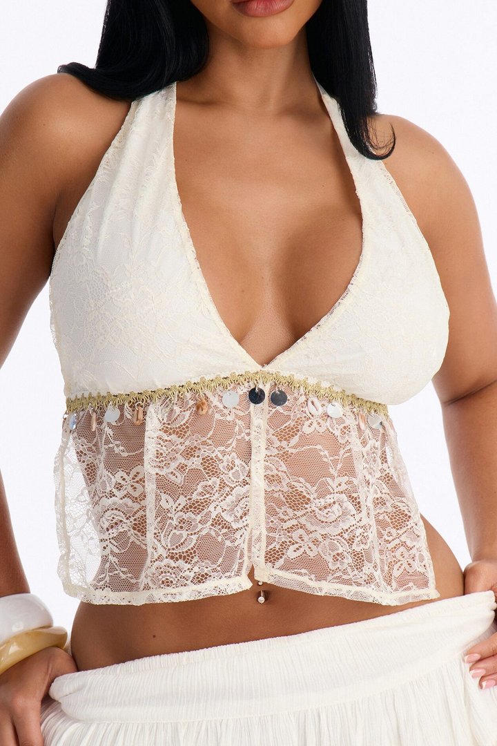 Hermosa Beach Ebmellished Lace Halter Top - Ivory