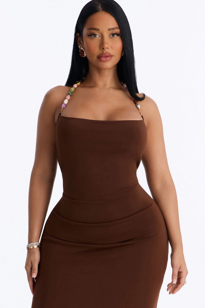 Leila Beaded Halter Maxi Dress - Brown