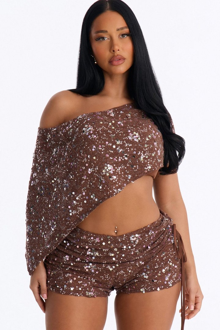 Kaylee Sequin Crochet 3 Piece Short Set - Chocolate