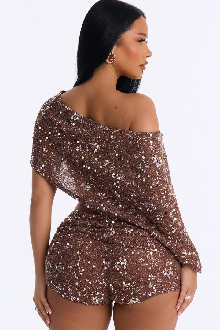 Kaylee Sequin Crochet 3 Piece Short Set - Chocolate