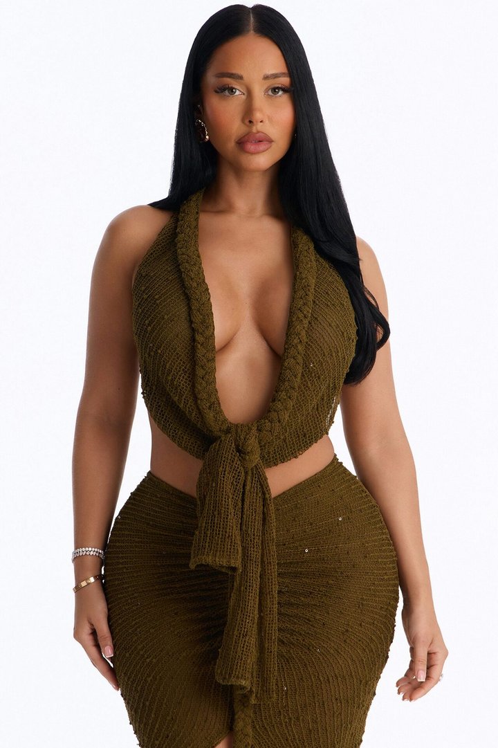 Avery Rope Detail Crochet Skirt Set - Olive