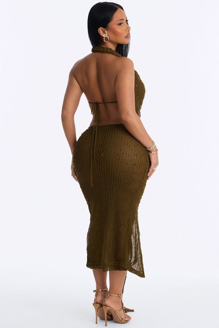 Avery Rope Detail Crochet Skirt Set - Olive