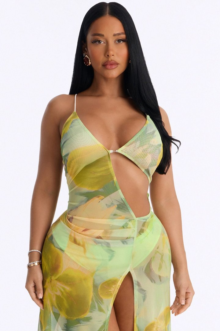 Let's Take A Trip Floral Mesh Maxi Dress - Lime