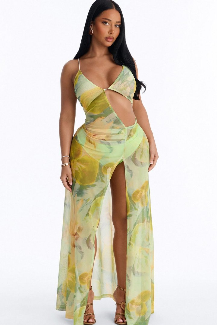 Let's Take A Trip Floral Mesh Maxi Dress - Lime