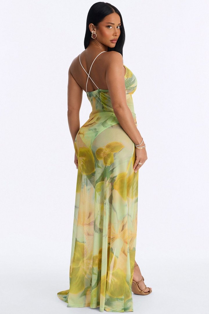 Let's Take A Trip Floral Mesh Maxi Dress - Lime