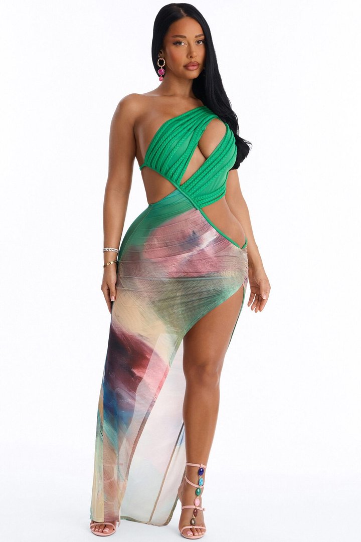 In Your Dreams Asymmetrical Mesh Maxi Dress - Green/combo