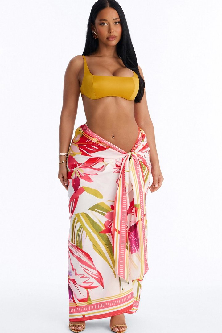 Jet Set Tropical Print Wrap Skirt - Pink/combo