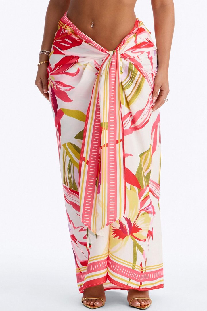 Jet Set Tropical Print Wrap Skirt - Pink/combo
