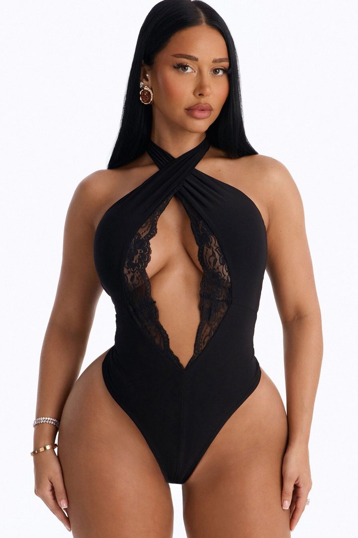 Brook Lace Trim Cut Out Halter Bodysuit - Black