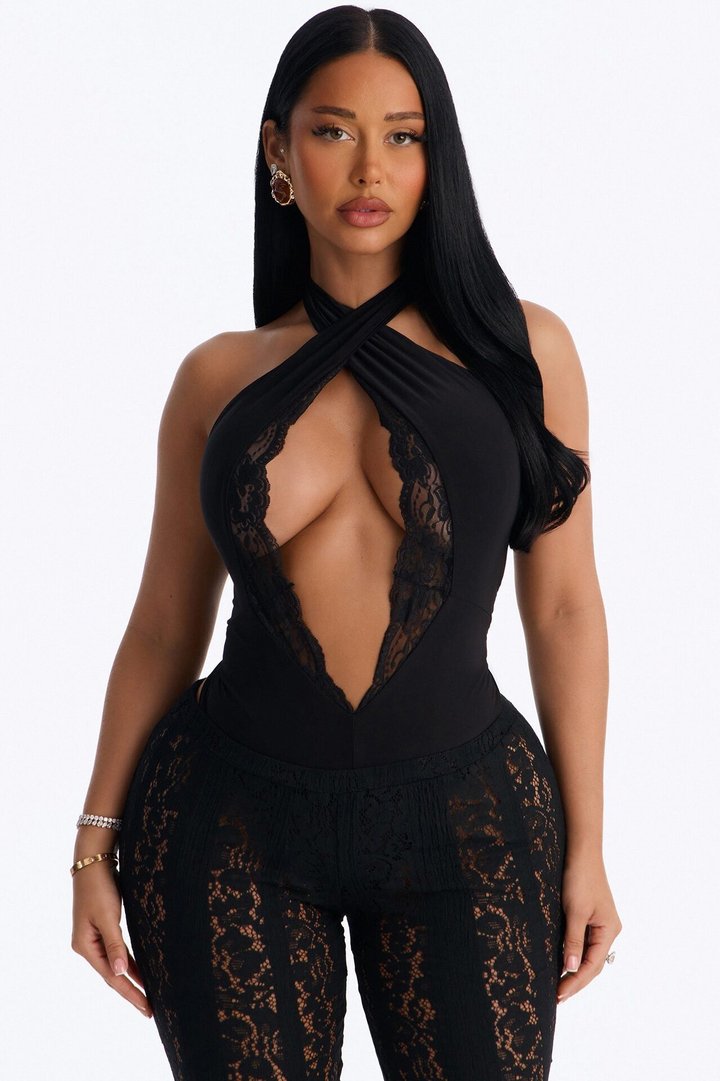 Brook Lace Trim Cut Out Halter Bodysuit - Black