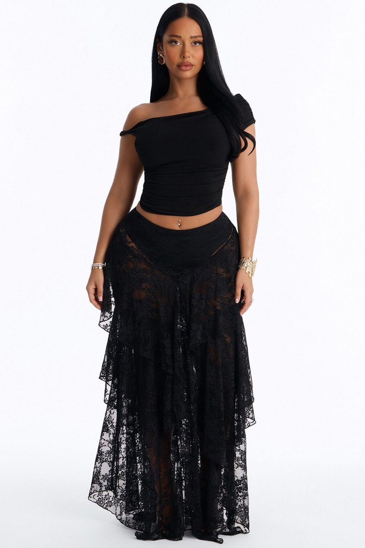Love For You Tiered Lace Maxi Skirt - Black