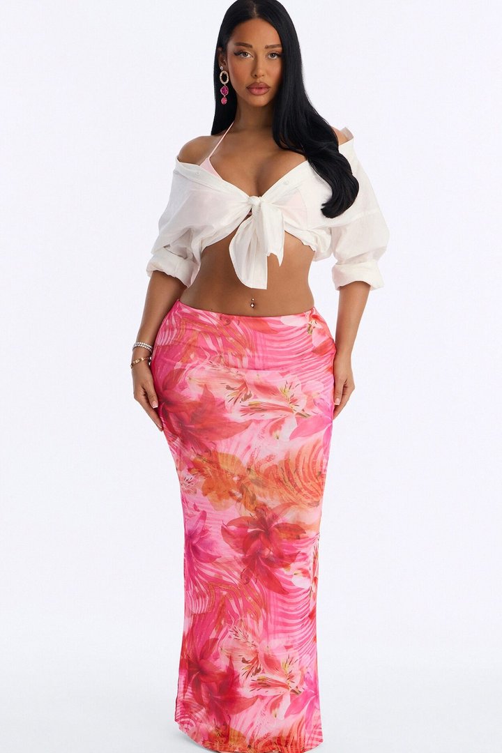 Summer Heat Floral Mesh Maxi Skirt - Pink/combo