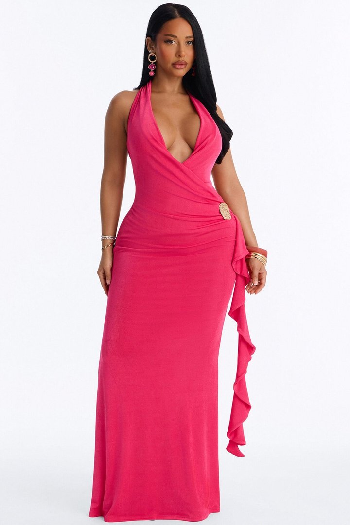 Steal The Show Slinky Halter Maxi Dress - Fuchsia