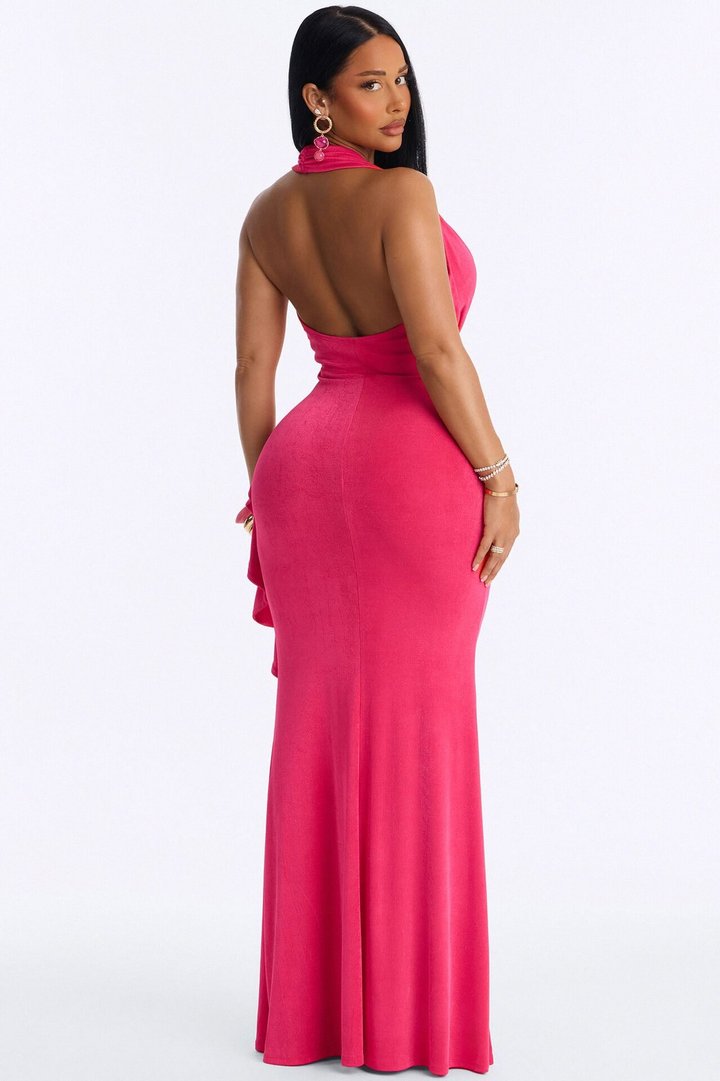 Steal The Show Slinky Halter Maxi Dress - Fuchsia