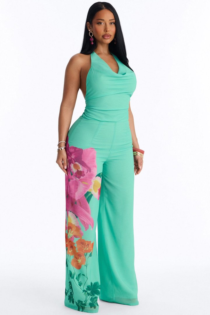 Amelia Cowl Floral Jumpsuit - Green