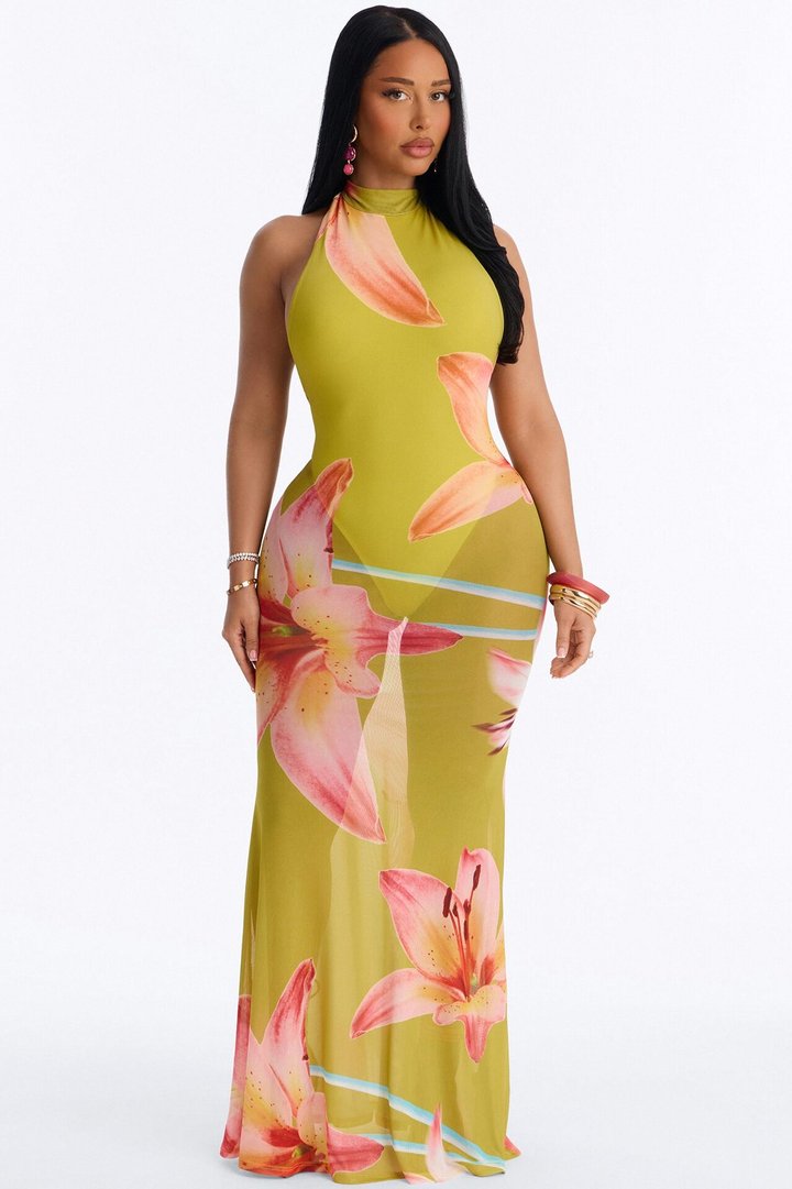 Island Love Floral Mesh Maxi Dress - Chartreuse