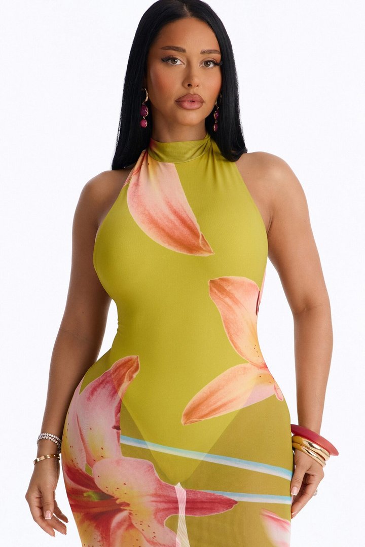 Island Love Floral Mesh Maxi Dress - Chartreuse
