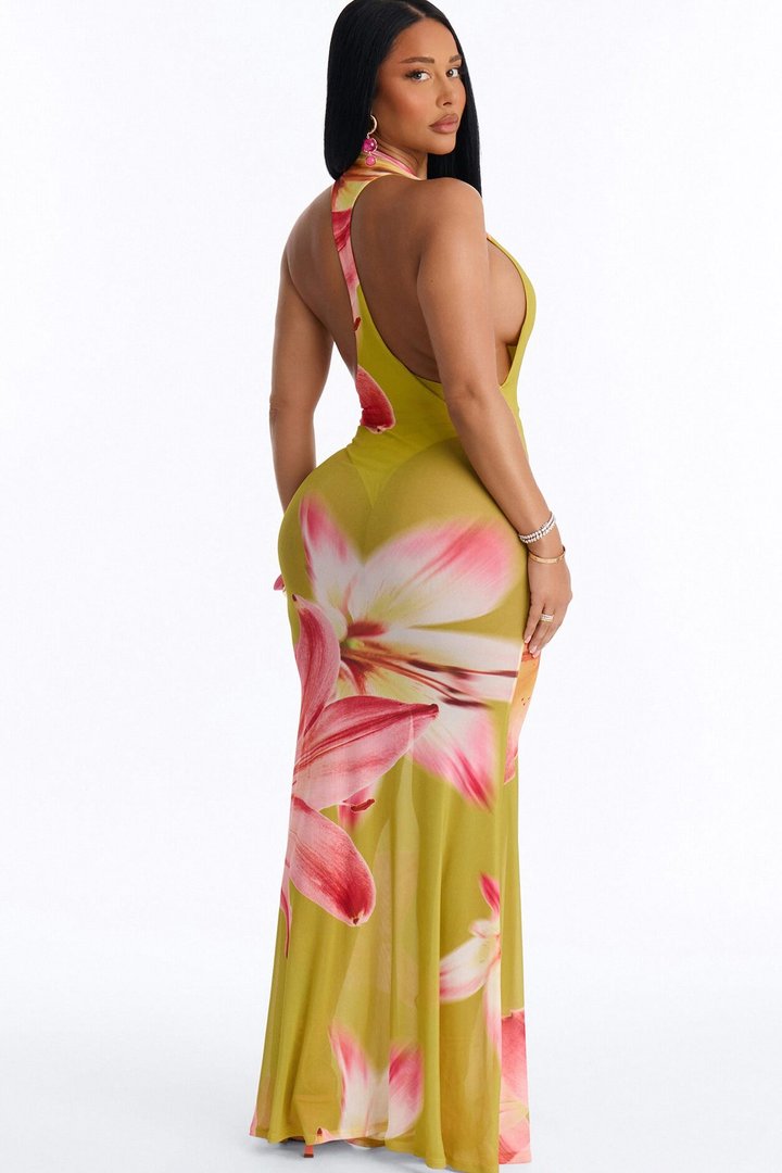 Island Love Floral Mesh Maxi Dress - Chartreuse