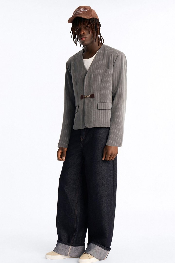 Boxy Cropped Pin Striped Cut Out Blazer - Light Grey