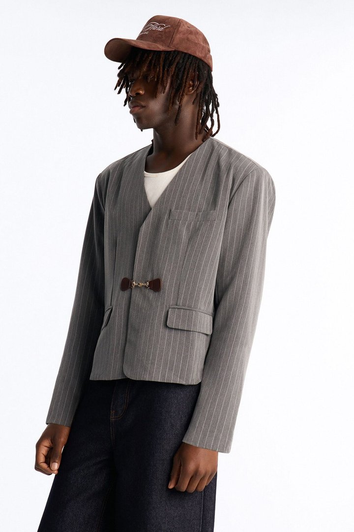 Boxy Cropped Pin Striped Cut Out Blazer - Light Grey